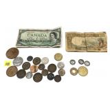 Assorted coins,  currency, and tokens. 26 pcs.