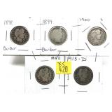 x5- Barber quarters, mixed dates, -x5 quarters.