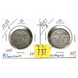 x2- German 2 mark coins silver, -x2 coins,