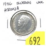 1936 Swedish 1 krona, Unc.