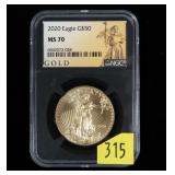 2020 $50 Gold Eagle, NGC slab certified MS-70