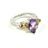 Sterling silver highly embossed pear cut amethyst