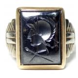 10K Yellow  and white gold hematite intaglio ring,