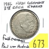 1936 Germany 5 marks silver