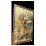 Vintage framed hunting print on canvas, signed,