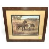 Vintage framed hunting dog print, signed