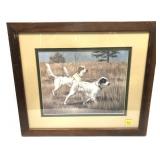 Vintage framed hunting dog print, signed