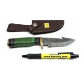 Custom Damascus steel blade gut hook knife with