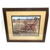 Vintage framed hunting dog print, signed