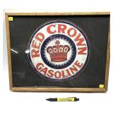 Red Crown Gasoline tin sign in wooden glass
