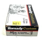 Box of .243 WIN 80-grain FMJ Hornady cartridges,