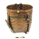 Early Bentwood pack basket with canvas strap,