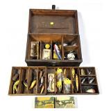 Vintage wooden box with contents including