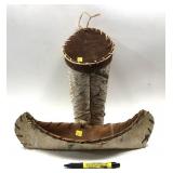 Lot, birchbark canoe (17") & basket (15" H) -LOCAL