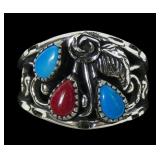 Sterling silver turquoise and coral three-stone