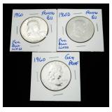x3- 1960 BU Franklin half dollars with Proof -x3