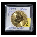 2016 Gold 1 oz. Fine Gold .9999 Canadian Maple