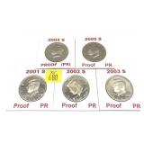 x5- Proof Kennedy half dollars: 2001-S-2005-S -x5