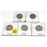 x5- Buffalo nickels, mixed dates -x5 nickels -Sold