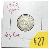 1873 Open 3 Seated Liberty dime