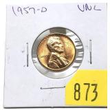 1957-D Lincoln cent, Unc.
