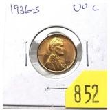 1936-S Lincoln cent, Unc.