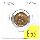 1937-S Lincoln cent, Unc.