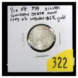 .999 Silver Indian Head $2 1/2 -1/10 oz., Golden