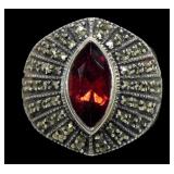 Sterling silver bezel set marquise cut garnet ring