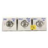 x3- 1943-P.D.S. Washington quarters, BU -x3