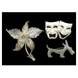 Lot of three vintage sterling silver pins: Beau,