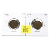 x2- 1910 Lincoln cents, XF -x2 cents -Sold by