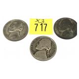 x3- War nickels, 35% silver, x3- nickels, Sold by