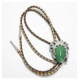 Sterling silver carved green agate bolo tie