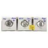x3- 1952-P.D.S. Washington quarters, BU -x3