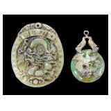 Lot, jade phoenix and carved green stone pendants,