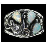 Sterling silver dentil set three-stone lab opal