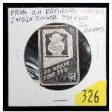 .999 Silver -20 Gram Bar, CH Refining Co. India