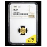 1851 $1 Gold Liberty NGC slab certified MS-64