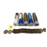 x5- Rolls of wheat cents, mixed dates, -x5 rolls,