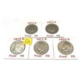 x5- Proof Kennedy half dollars: 1970-S-1974-S -x5