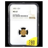 1853 $1 Gold Liberty NGC slab certified MS-62