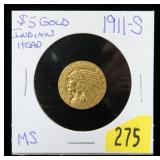 1911-S $5 Gold Indian Head Half Eagle, MS