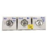 x3- 1950-P.D.S. Washington quarters, BU -x3