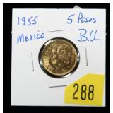 1955 Gold Mexico 5 Pesos, BU