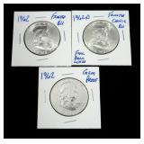 x3- 1962 BU Franklin half dollars with Proof -x3