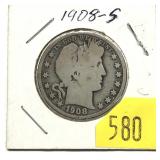 1908-S Barber half dollar
