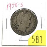 1908-S Barber half dollar