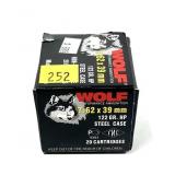 Box of 7.62x39mm 122-grain HP Wolf cartridges,