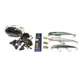 Lot: Vintage lures and jar of shark teeth